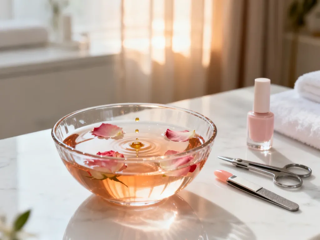 Eleganckie stanowisko do manicure spa z miseczką z płatkami róż, narzędziami i lakierem na marmurowym blacie.