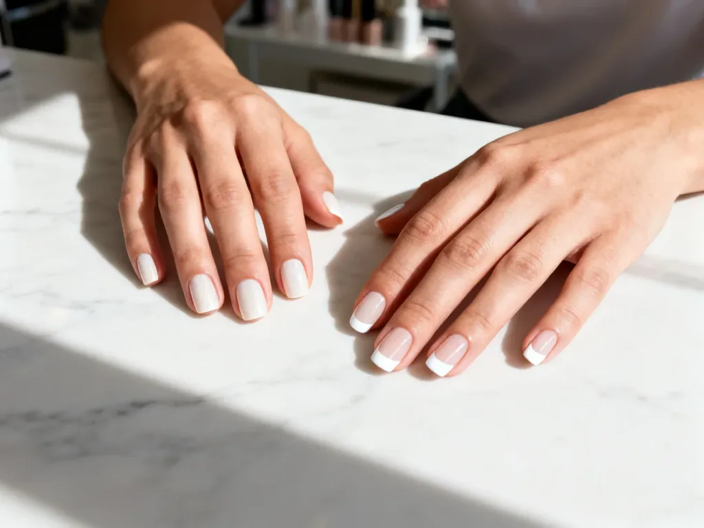 Porównanie manicure amerykańskiego z mlecznym wykończeniem oraz klasycznego frencha z wyraźną białą końcówką.
