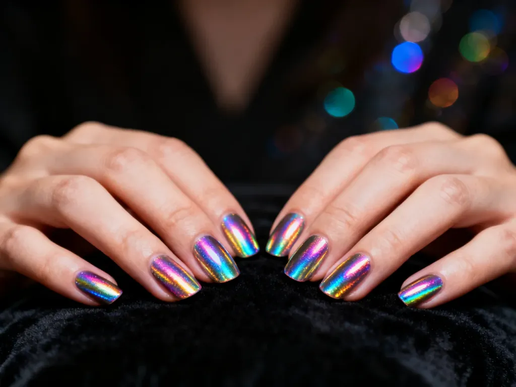 Dłonie z profesjonalnym manicure o holograficznym, mieniącym się tęczowo wykończeniu na ciemnym tle.