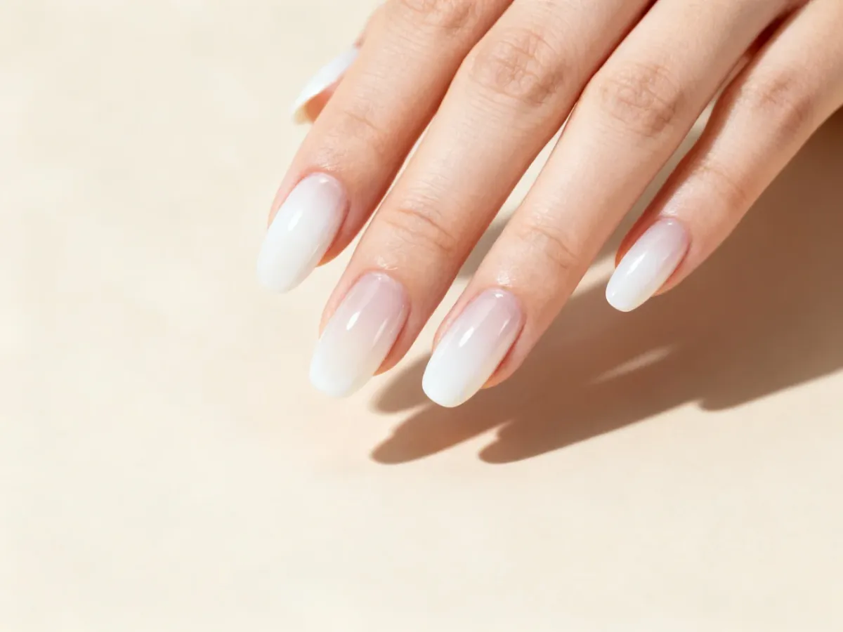 Dłoń z eleganckim, półtransparentnym mlecznym manicure