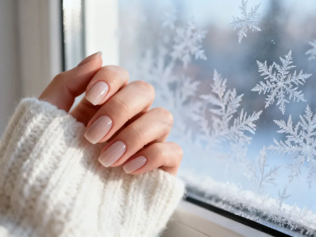 Zadbana dłoń z eleganckim manicure spoczywająca na miękkim, wełnianym swetrze w zimowej scenerii.
