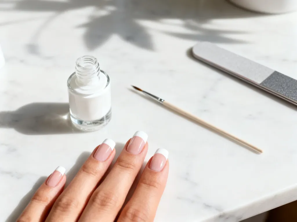 Dłoń z klasycznym manicure francuskim oraz profesjonalne akcesoria do stylizacji paznokci na marmurowym blacie.