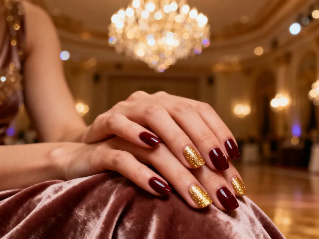 Eleganckie paznokcie w kolorze głębokiego burgunda ze złotym brokatem na tle balowej sali. Idealna inspiracja na wieczorowe wyjście.