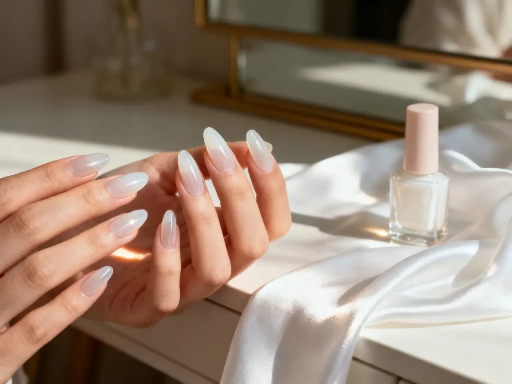 Zadbane dłonie z modnym manicure w kolorze mlecznej bieli o migdałowym kształcie i błyszczącym wykończeniu.