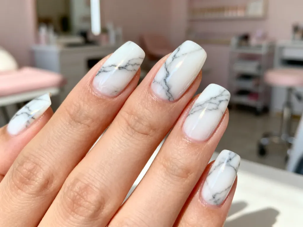 Elegancki manicure z marmurkowym wzorem w odcieniach bieli i szarości na zadbanych paznokciach.