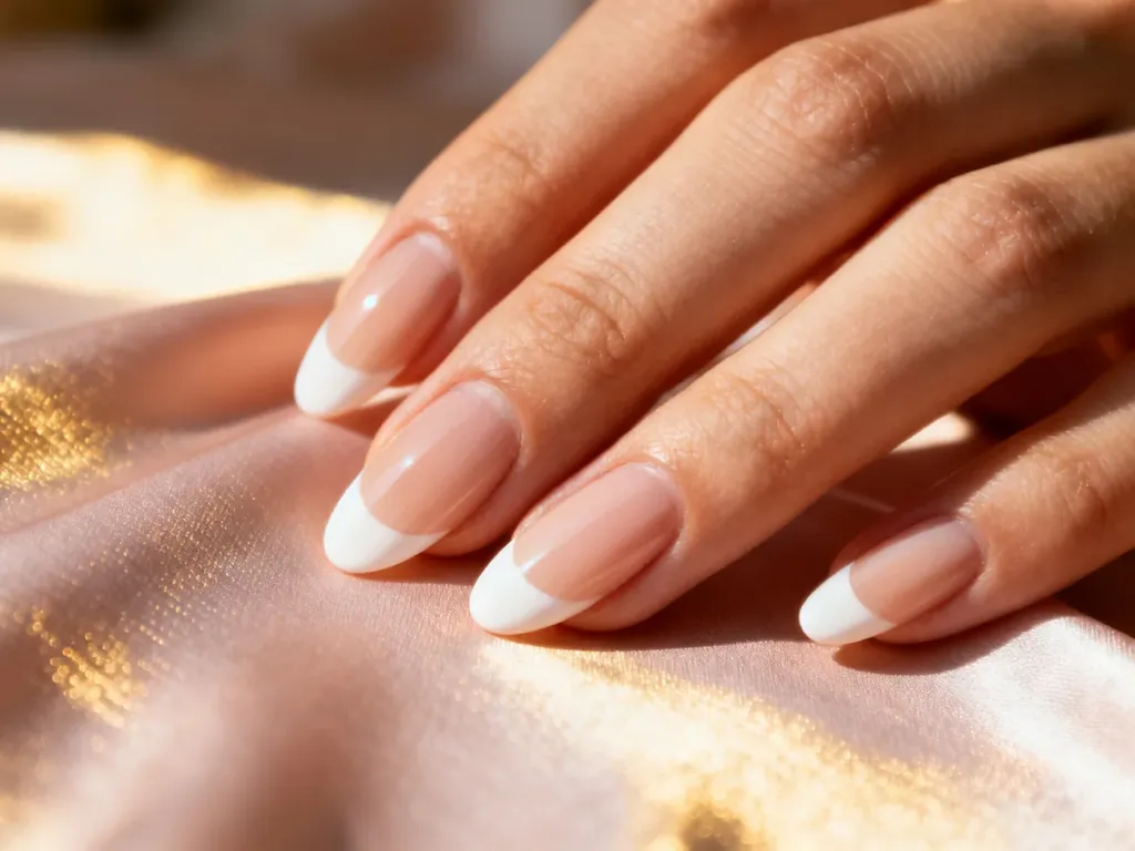 Elegancki manicure francuski na paznokciach w kształcie migdałów z klasyczną białą końcówką i cielistą bazą.