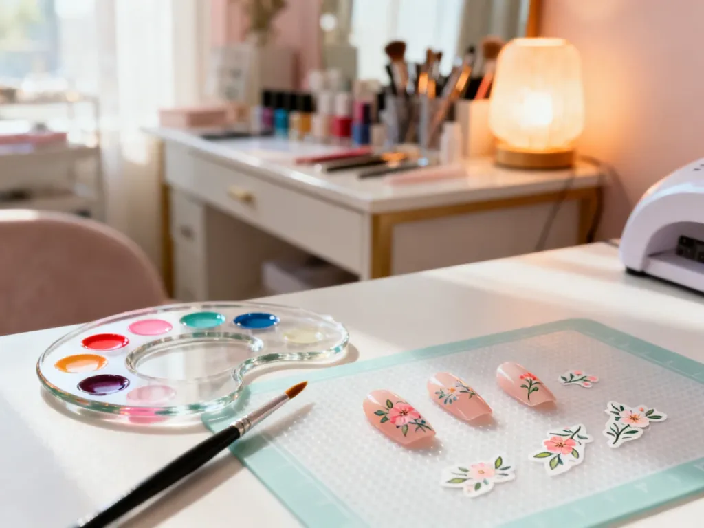 Stanowisko do manicure z paletą lakierów, pędzelkiem i ręcznie malowanymi naklejkami kwiatowymi na silikonowej macie.