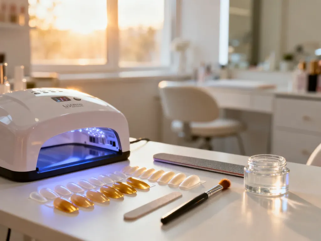 Stanowisko do manicure z lampą UV/LED, żelem i akcesoriami niezbędnymi do profesjonalnego przedłużania paznokci.