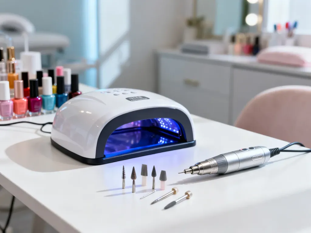 Profesjonalny zestaw do manicure z lampą UV LED i frezarką na białym biurku w salonie kosmetycznym.
