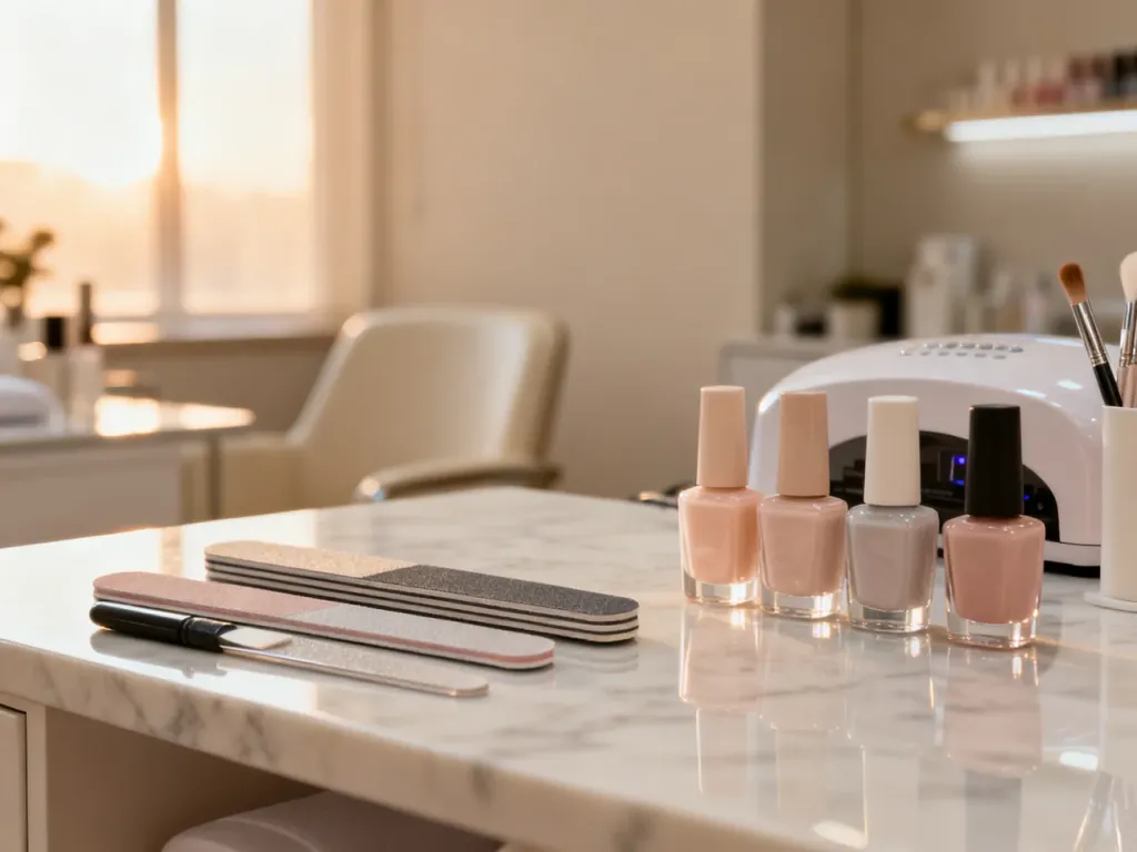 Profesjonalne stanowisko do manicure z pilnikami i pastelowymi lakierami na marmurowym blacie w nowoczesnym salonie piękności.