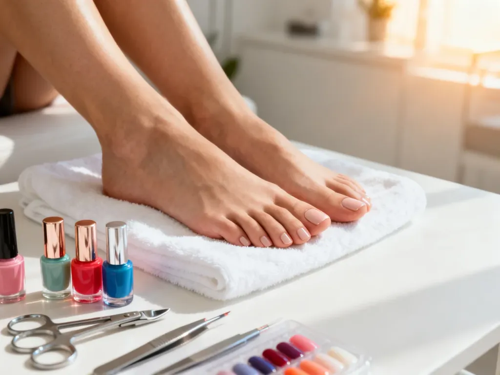 Zadbane stopy w profesjonalnym salonie spa w otoczeniu lakierów i narzędzi do pedicure.