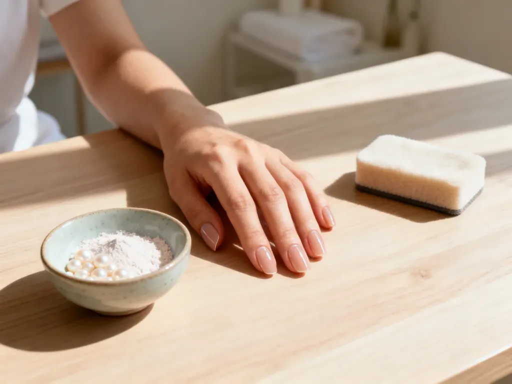 Zadbana dłoń z naturalnie błyszczącymi paznokciami oraz zestaw do manicure japońskiego na drewnianym stole.