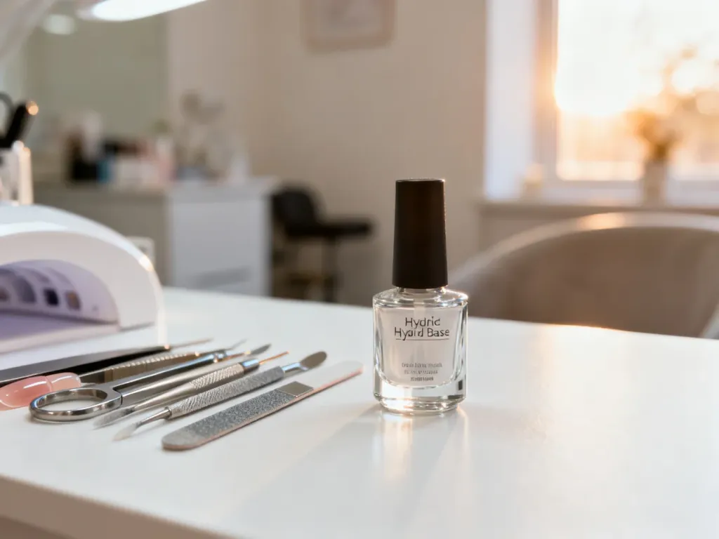 Elegancka buteleczka bazy hybrydowej i profesjonalne narzędzia do manicure na czystym, jasnym stanowisku pracy.