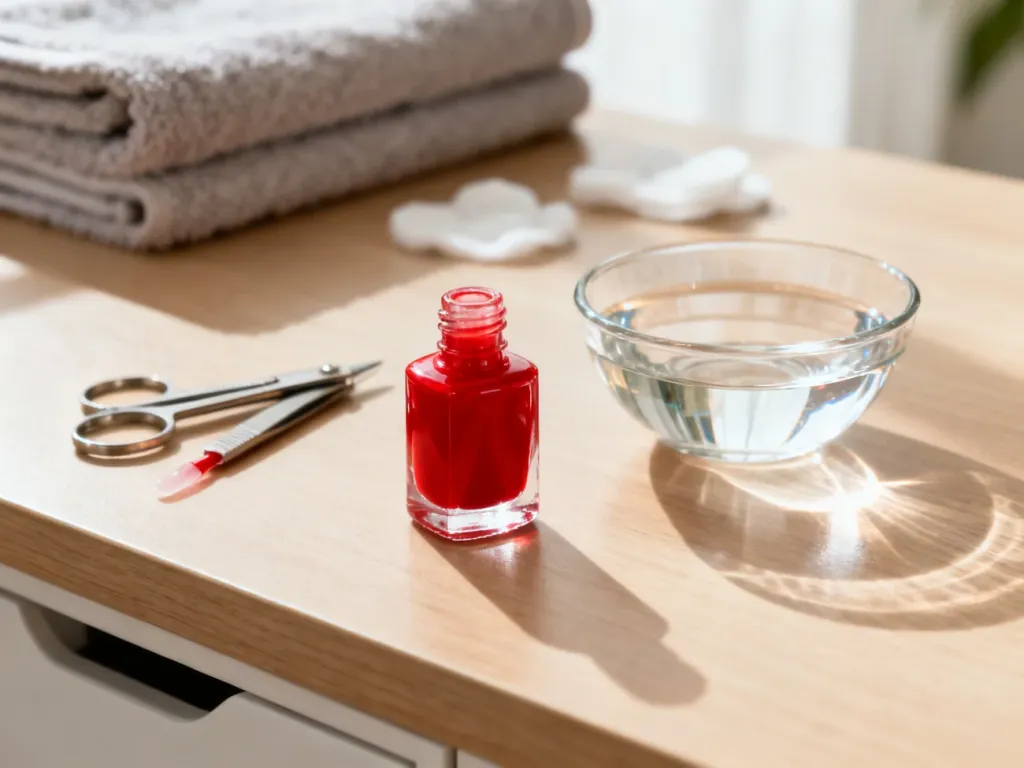 Zestaw do manicure z czerwonym lakierem na drewnianym stole, przygotowany do domowej stylizacji paznokci.