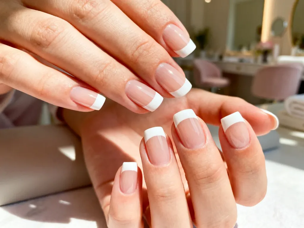 Klasyczny manicure francuski z białymi końcówkami i naturalną bazą na zadbanych paznokciach w świetle poranka.