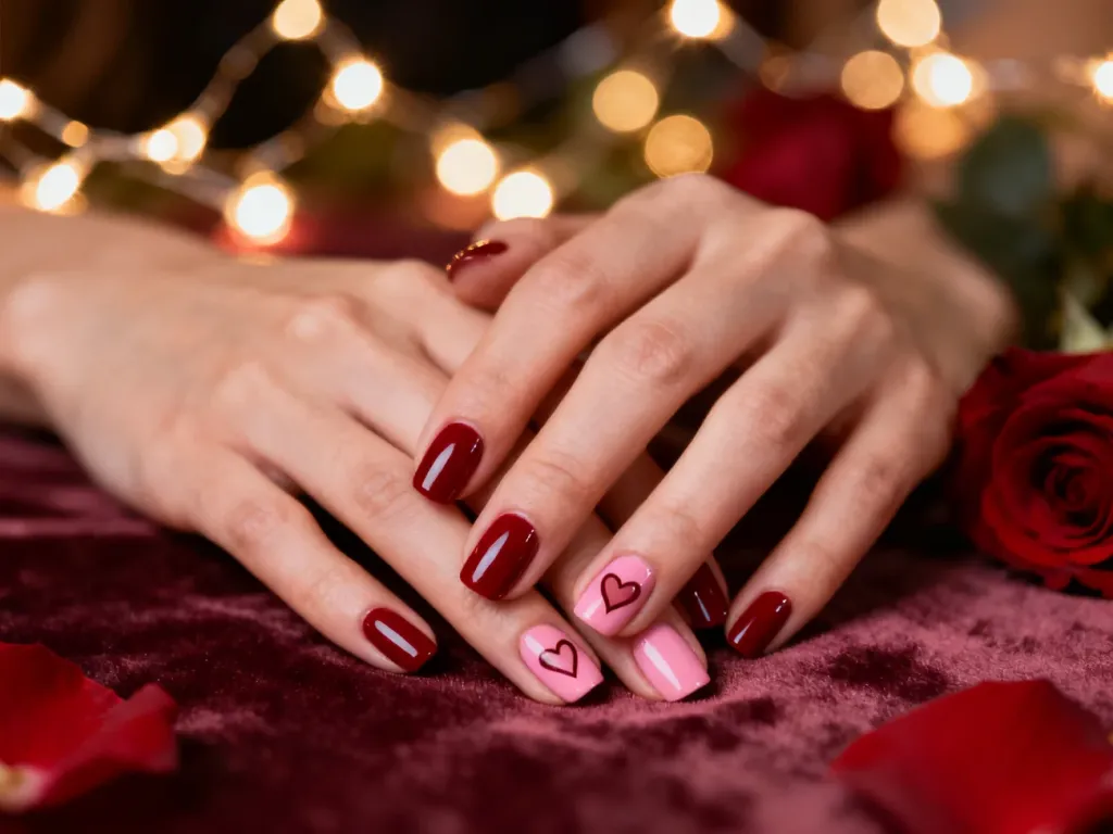 Eleganckie paznokcie w kolorach czerwieni i różu z serduszkami, idealne jako inspiracja na walentynkowy manicure.