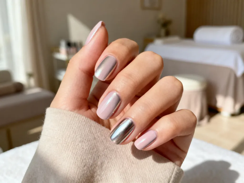 Zadbana dłoń z idealnym, błyszczącym manicure tytanowym w pastelowym odcieniu, podkreślającym zdrowy wygląd płytki paznokcia.