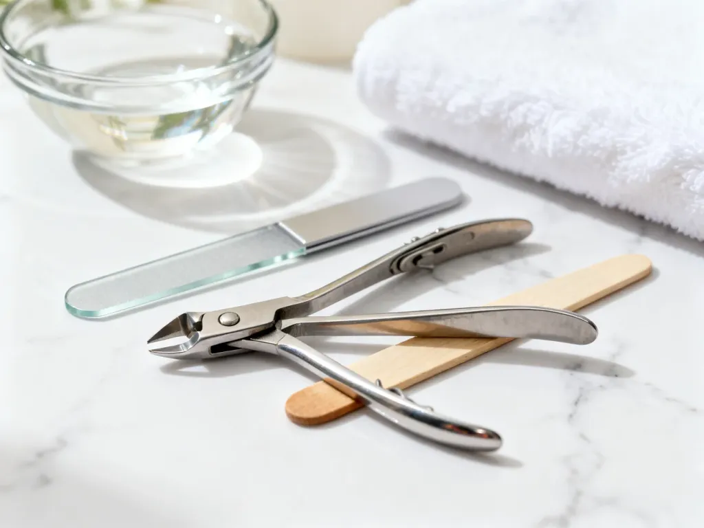 Profesjonalne narzędzia do manicure higienicznego, takie jak cążki, pilnik i patyczek, ułożone na marmurowym blacie.