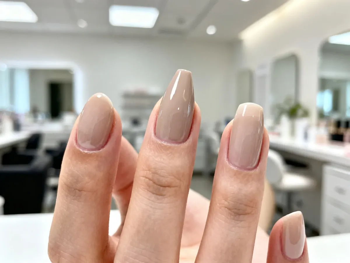 Dłoń z manicure przedstawiającym okrągłe, kwadratowe i squoval paznokcie