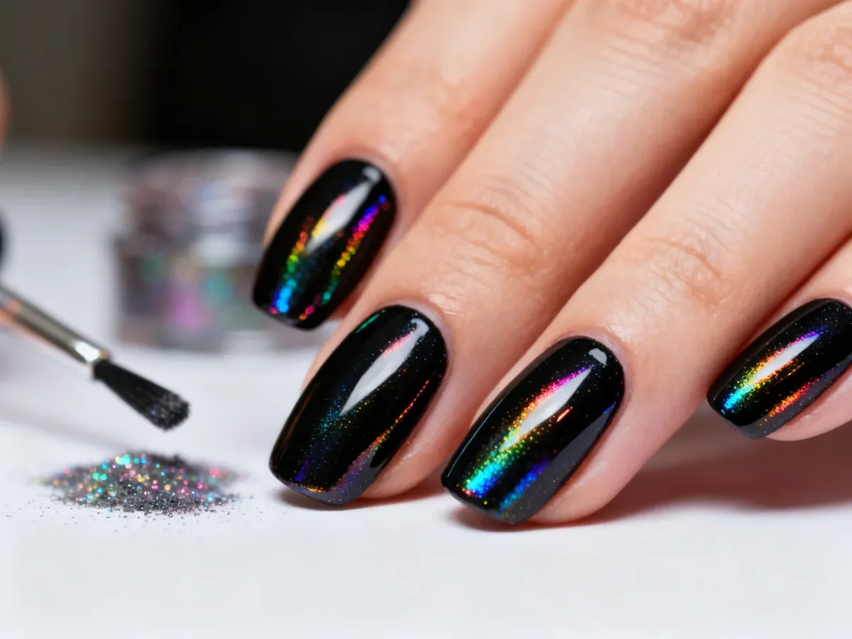 Czarne paznokcie z lustrzanym holograficznym efektem i tęczowymi refleksami
