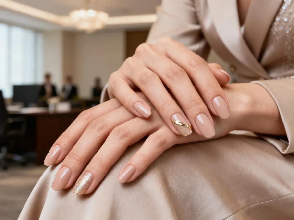 Elegancki nude manicure z subtelnym złotym akcentem