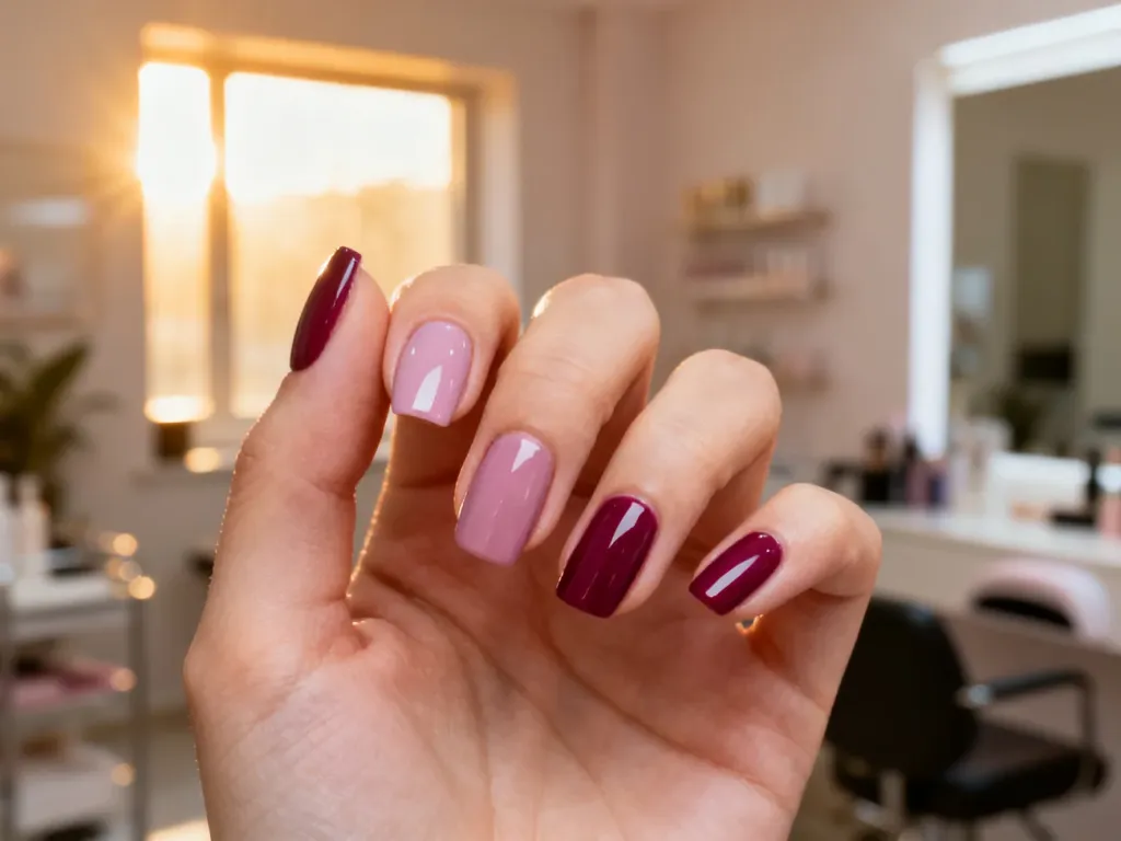 Zadbana dłoń z profesjonalnym manicure w modnych pastelowych i jagodowych odcieniach o błyszczącym wykończeniu.
