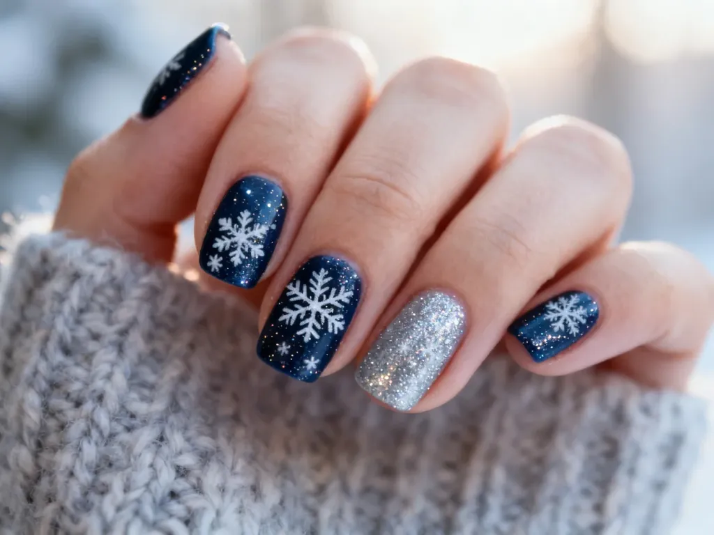 Zadbane dłonie z zimowym manicure w odcieniach granatu i srebra, ozdobione delikatnymi wzorami płatków śniegu.