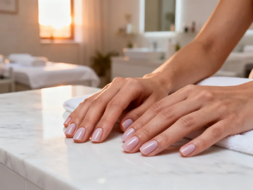 Zadbane dłonie z pastelowym manicure hybrydowym na marmurowym blacie w klimacie spa.