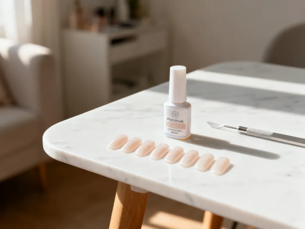Zestaw do manicure z sztucznymi paznokciami, klejem i radełkiem przygotowany do aplikacji w domu na marmurowym blacie.