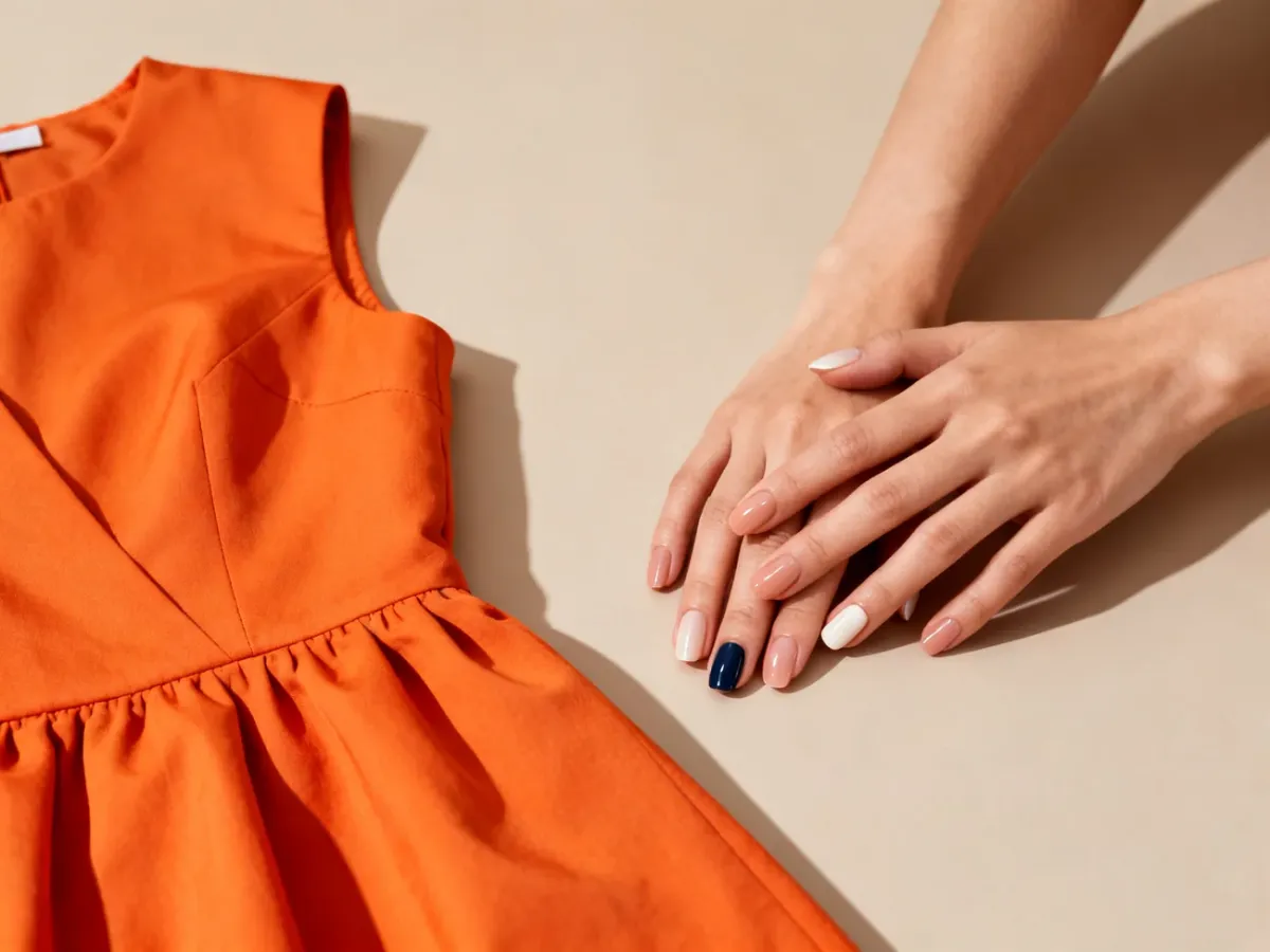 Pomarańczowa sukienka zestawiona z neutralnym i kontrastowym manicure