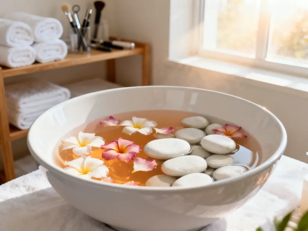 Miska z ciepłą wodą, płatkami kwiatów i kamieniami przygotowana do relaksującego zabiegu pedicure w profesjonalnym salonie spa.