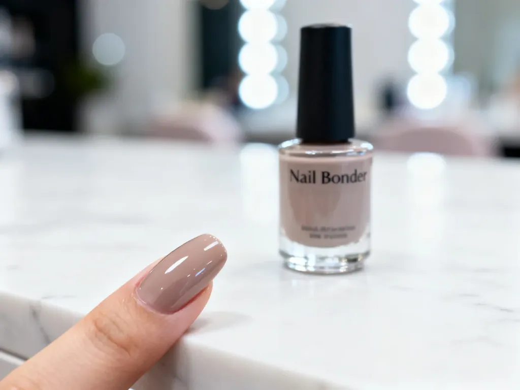 Szklana buteleczka bondera do paznokci na marmurowym blacie obok zadbanej dłoni z eleganckim, neutralnym manicurem.
