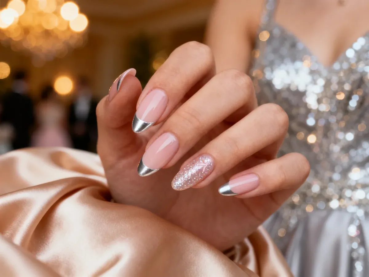 Elegancki manicure studniówkowy z delikatnymi metalicznymi końcówkami