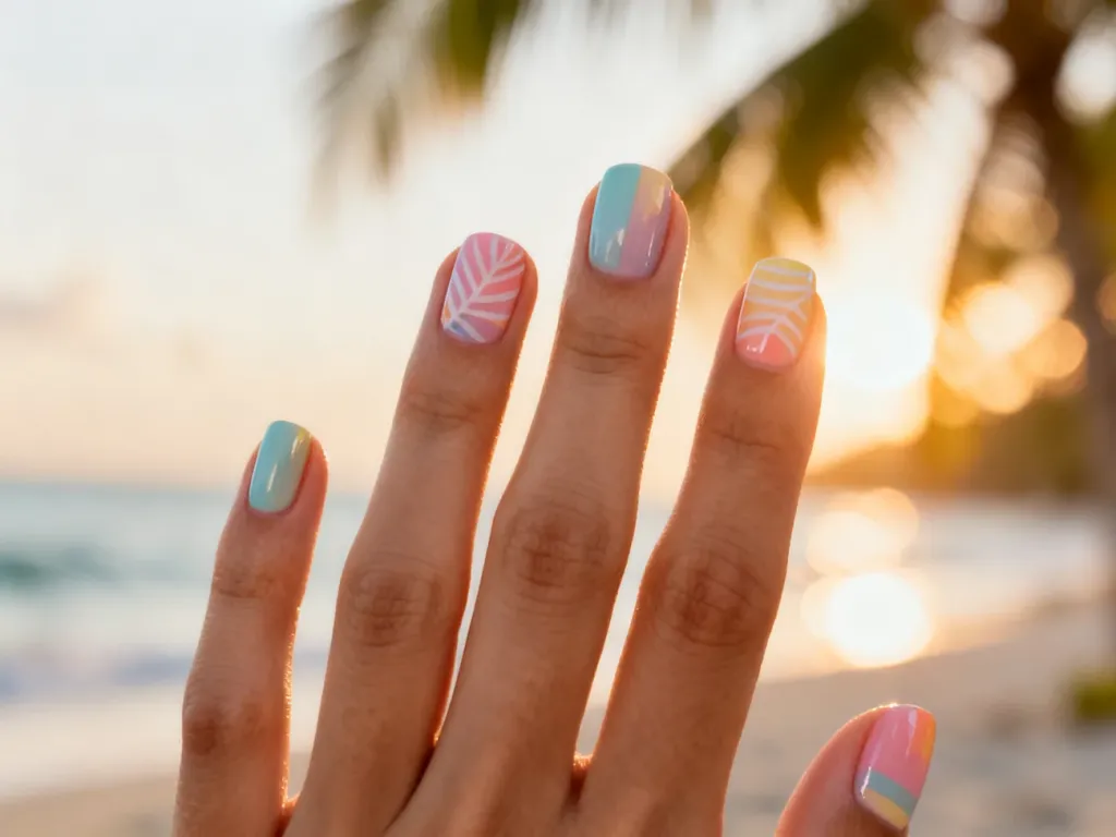 Dłoń z modnym, letnim manicure w pastelowych kolorach na tle rozmytej, tropikalnej plaży w świetle zachodzącego słońca.