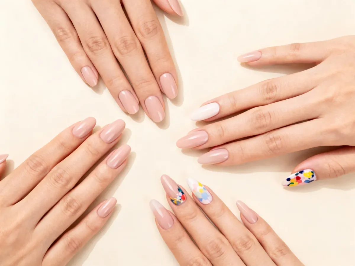 Różnorodne style manicure przedstawiające krótkie, klasyczne, długie i kreatywnie zdobione paznokcie