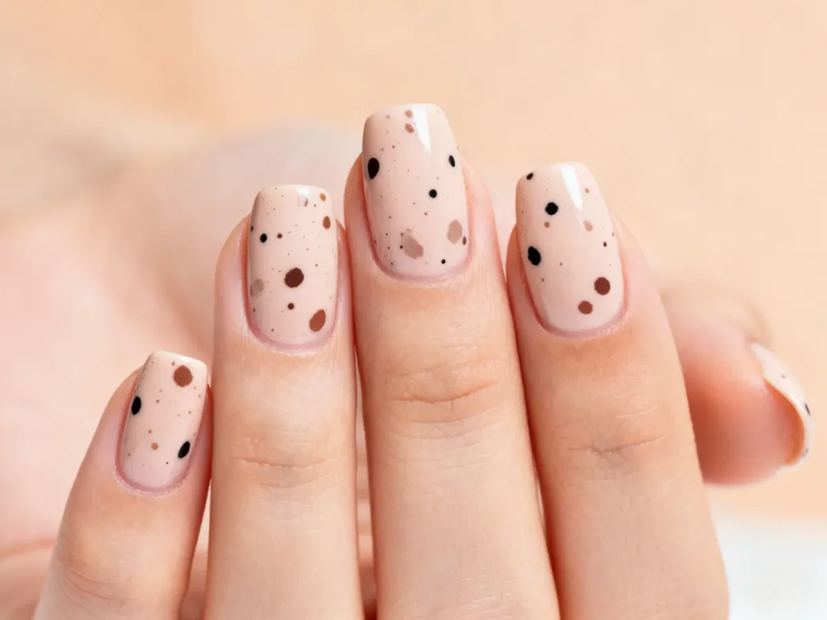 Manicure z nieregularnymi brązowymi i czarnymi piegami na mlecznej bazie