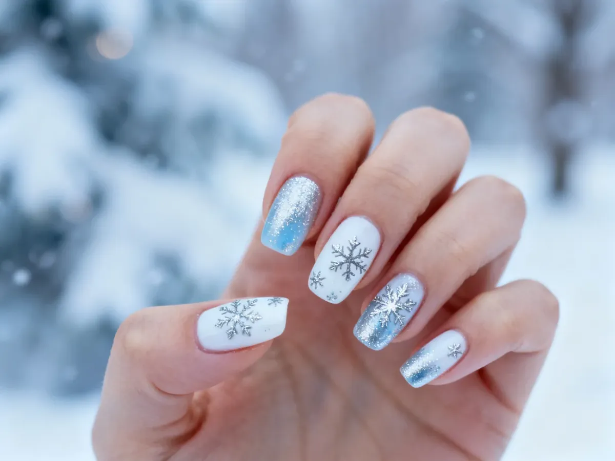 Elegancki zimowy manicure z delikatnymi srebrnymi śnieżynkami