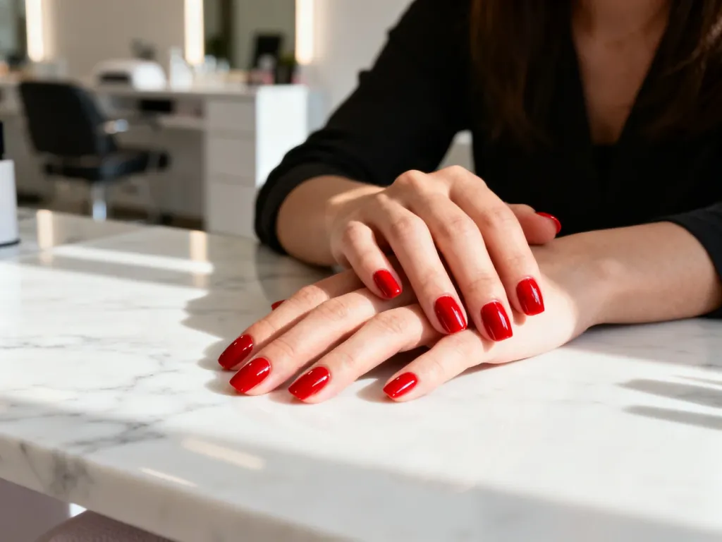 Zadbane dłonie z lśniącym, czerwonym manicure hybrydowym na marmurowym blacie w salonie kosmetycznym.