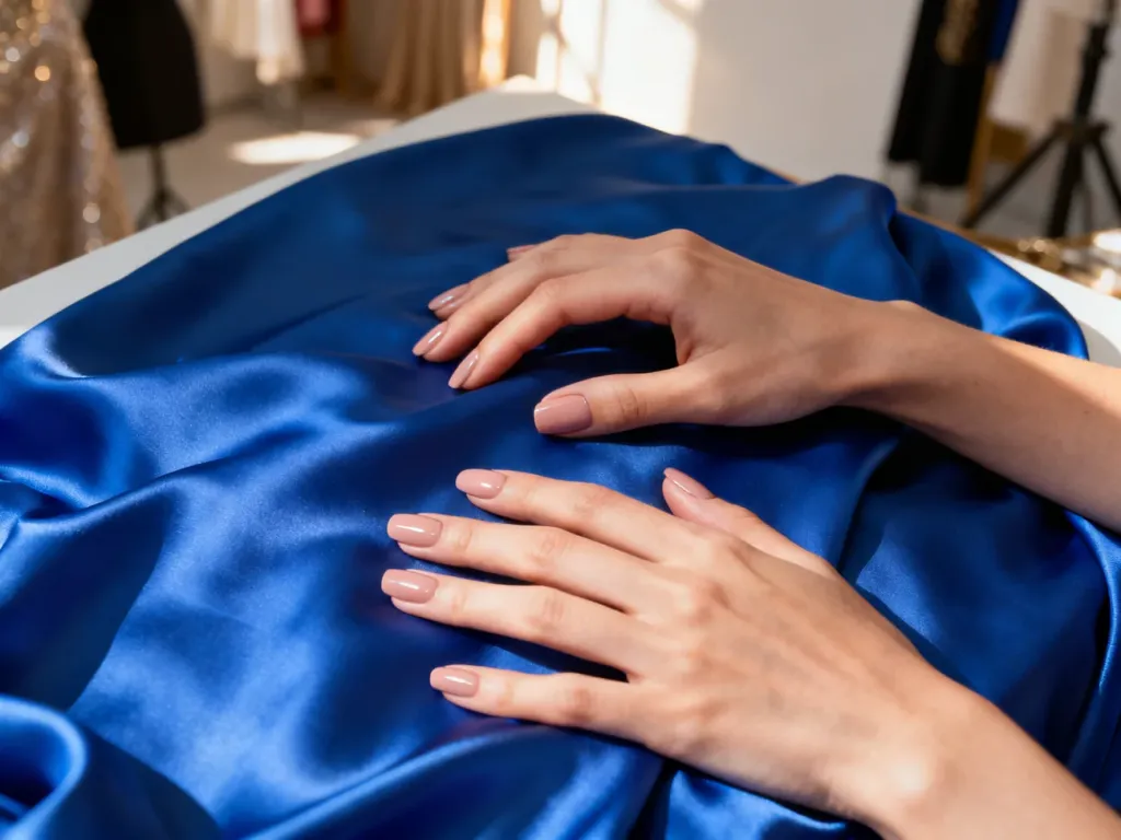 Dłonie z eleganckim manicure w kolorze nude spoczywające na niebieskiej tkaninie, prezentujące idealnie dobrane połączenie barw.