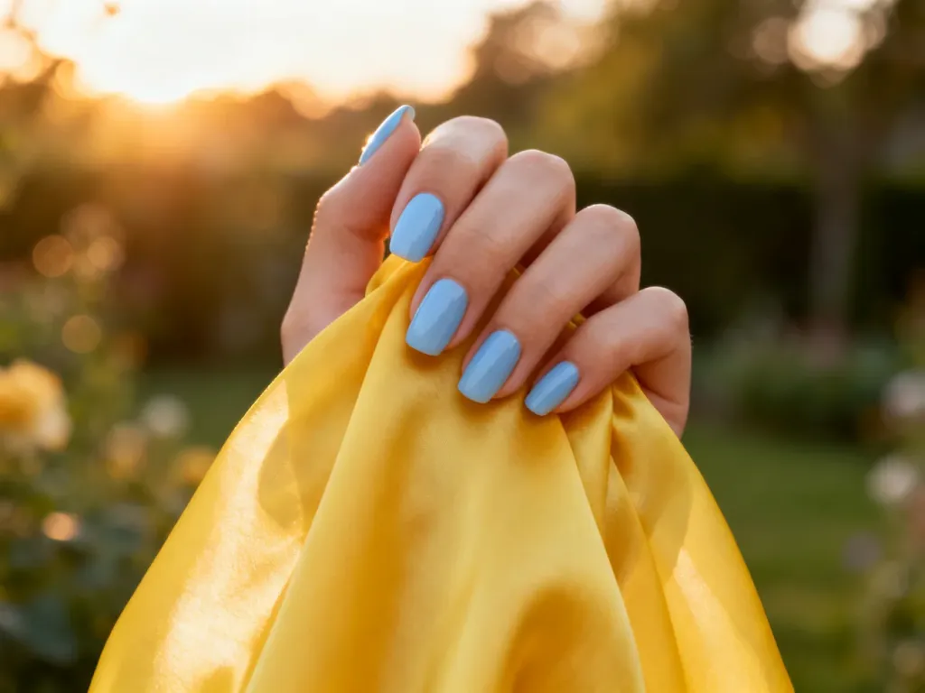Dłoń z pastelowo-niebieskim manicure trzymająca żółty jedwab, prezentująca kontrastowe zestawienie kolorystyczne.