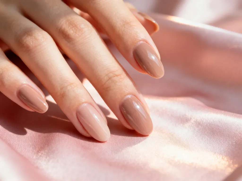 Elegancki manicure w neutralnym odcieniu z błyszczącym wykończeniem, idealnie pasujący do różowej sukienki.