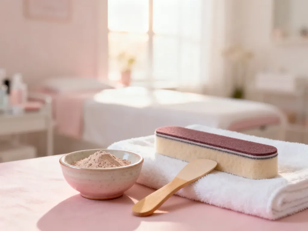 Profesjonalny zestaw do manicure japońskiego z pastą i polerką na białym ręczniku w jasnym, relaksującym wnętrzu spa.