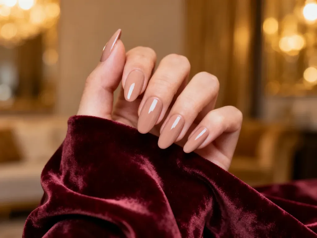 Dłoń z eleganckimi paznokciami w kolorze nude na tle bordowego weluru, idealnie pasująca do stylizacji z bordową sukienką.