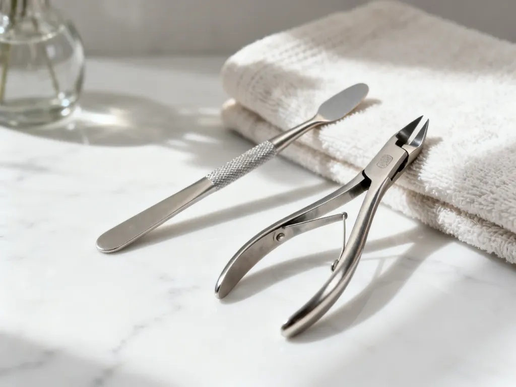 Profesjonalny zestaw narzędzi do manicure, w tym dłutko i cążki, ułożony na marmurowym blacie w minimalistycznym wnętrzu spa.