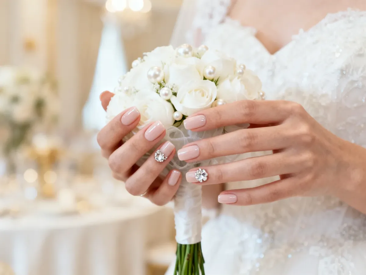 Dłonie panny młodej z eleganckim manicure, perłami i delikatnymi kryształkami