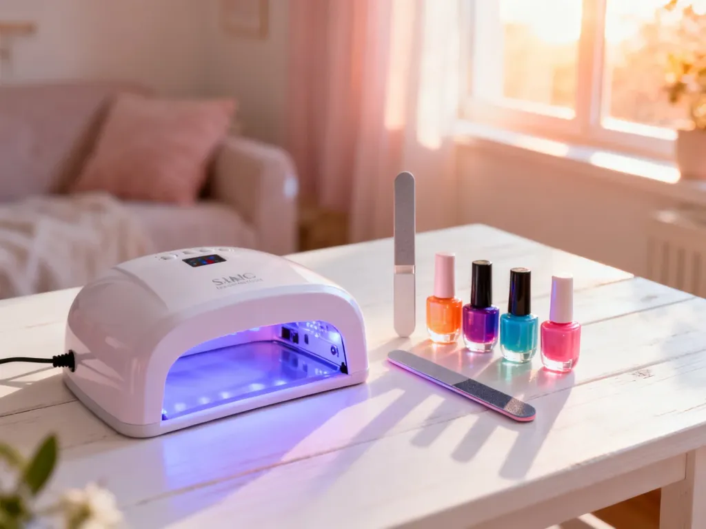 Zestaw do manicure hybrydowego z lampą UV i kolorowymi lakierami na białym stole, gotowy do wykonania stylizacji w domu.