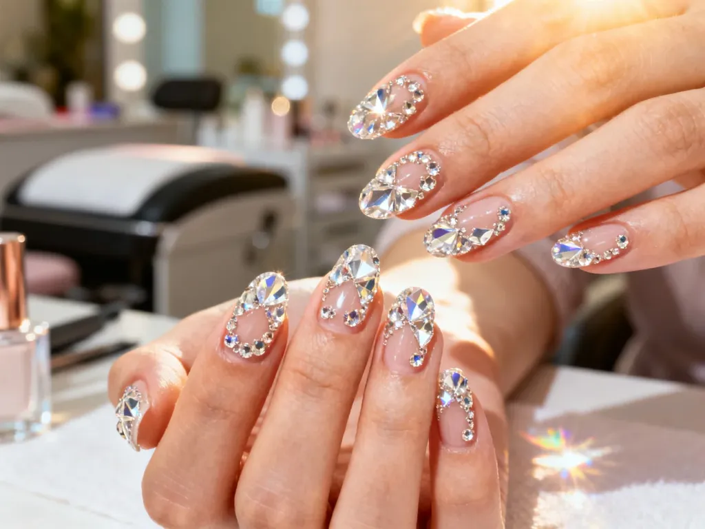 Zadbane paznokcie ozdobione eleganckim wzorem z mieniących się cyrkonii w profesjonalnym salonie manicure.